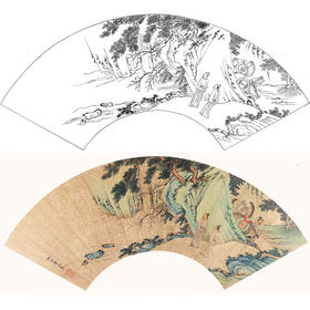 工笔画白描底稿 山水扇面小品 明 仇英-《花岩游骑图》-多种白描尺寸可选-SR05
