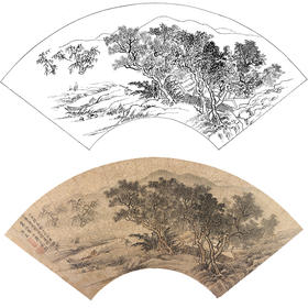 工笔画白描底稿 山水扇面小品 明 唐寅   SR24