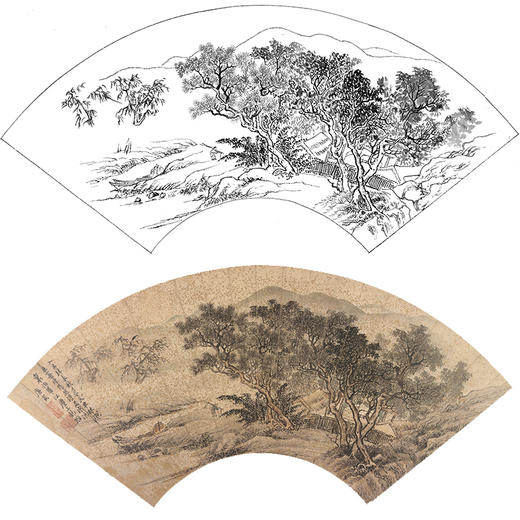 工笔画白描底稿 山水扇面小品 明 唐寅   SR24 商品图0
