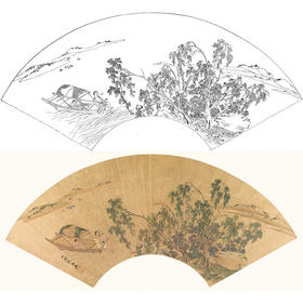 工笔画白描底稿 山水扇面小品 明 仇英-《书舫停桡图》-多种白描尺寸可选-SR09