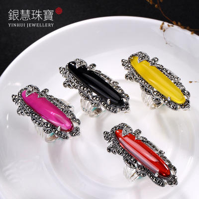 CWSS002壹鹿银 S925纯银泰国马克赛石榴红刚玉髓 夸张开口女戒指 商品图2