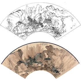工笔画白描底稿 山水扇面小品 清 溥儒 张伯英《山色如黛图》-多种白描尺寸可选-SR34