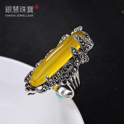 CWSS002壹鹿银 S925纯银泰国马克赛石榴红刚玉髓 夸张开口女戒指 商品图3