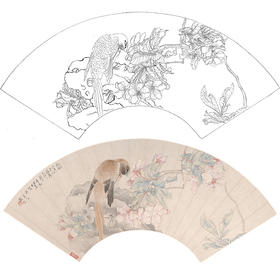 工笔画白描底稿 扇面小品 清 任薰 花鸟图  SR36