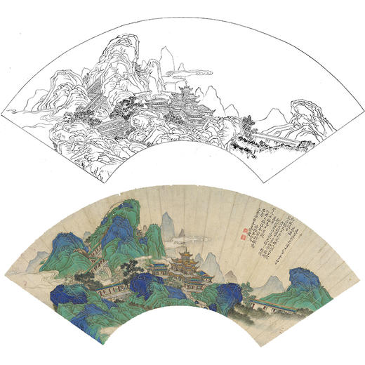 工笔画白描底稿 扇面小品-清-徐扬-山水图-SR43 商品图0