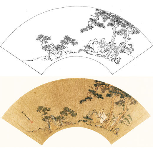 工笔画白描底稿 山水人物扇面小品 明 仇英-《携琴听松图》-多种白描尺寸可选-SR07 商品图0