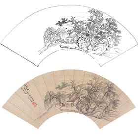 工笔画白描底稿扇面小品-清 王翚 山水图-SR38