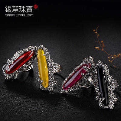 CWSS002壹鹿银 S925纯银泰国马克赛石榴红刚玉髓 夸张开口女戒指 商品图1