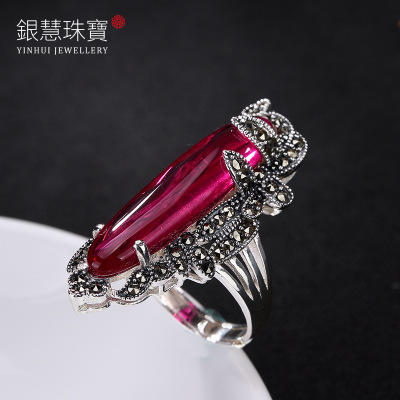 CWSS002壹鹿银 S925纯银泰国马克赛石榴红刚玉髓 夸张开口女戒指 商品图4