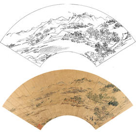 工笔画白描底稿 山水扇面小品 明 仇英-《春郊行旅图》-多种白描尺寸可选-SR08