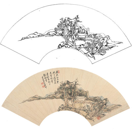 工笔画白描底稿 扇面小品 清 王原祁 山水图 SR42 商品图0