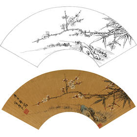 工笔画白描底稿 花鸟扇面小品 明 孙克弘 《梅竹图》 调-多种白描尺寸可选-SR18
