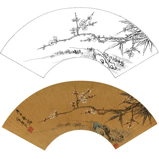 工笔画白描底稿 花鸟扇面小品 明 孙克弘 《梅竹图》 调-多种白描尺寸可选-SR18 商品图0