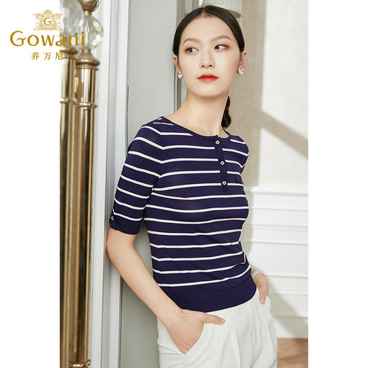 乔万尼条纹设计感早春薄款针织衫夏款短袖休闲上衣EI2M826 商品图2
