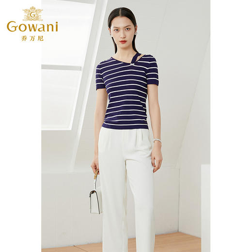 乔万尼薄款小香风设计感早春针织衫条纹宽松夏款短袖上衣EI2M819 商品图1