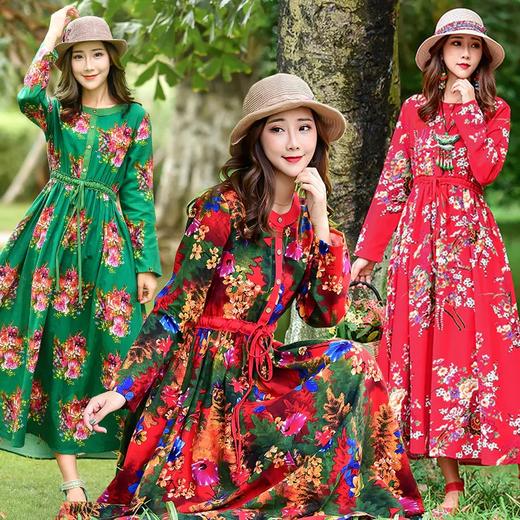 YFP 民族风印花棉麻收腰修身气质休闲复古连衣裙 商品图3