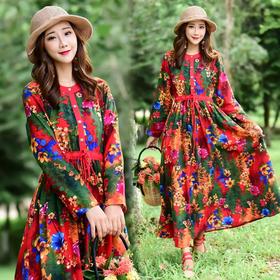 YFP 民族风印花棉麻收腰修身气质休闲复古连衣裙
