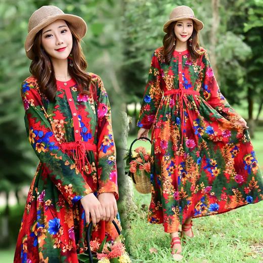 YFP 民族风印花棉麻收腰修身气质休闲复古连衣裙 商品图0