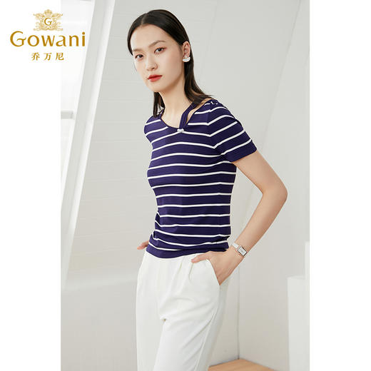 乔万尼薄款小香风设计感早春针织衫条纹宽松夏款短袖上衣EI2M819 商品图2