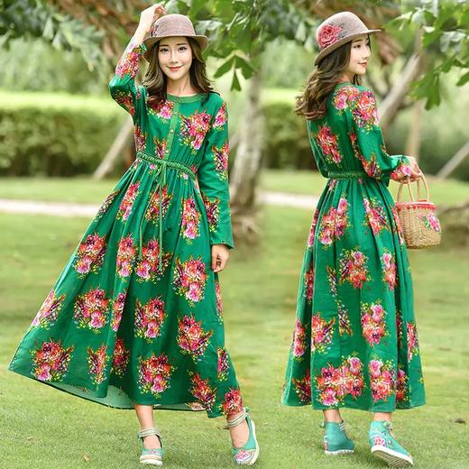 YFP 民族风印花棉麻收腰修身气质休闲复古连衣裙 商品图2