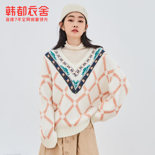 韩都衣舍2021春新款复古撞色毛衫大V领宽松学生毛针织衫女GQ11062 商品图0