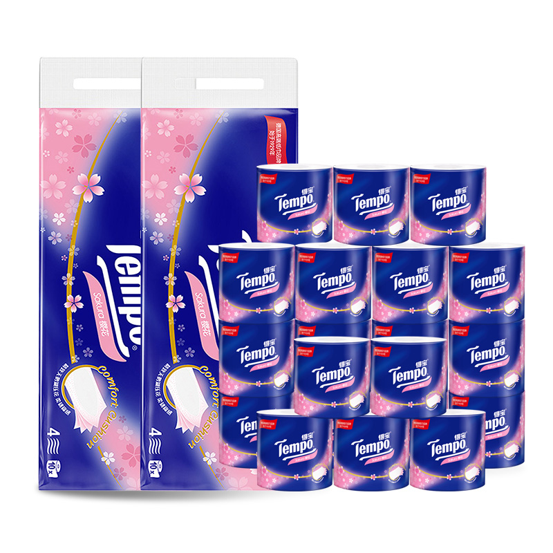 『得宝Tempo』卷纸有芯压花樱花味家用卷筒纸4层加厚160g10卷*2提 共20卷