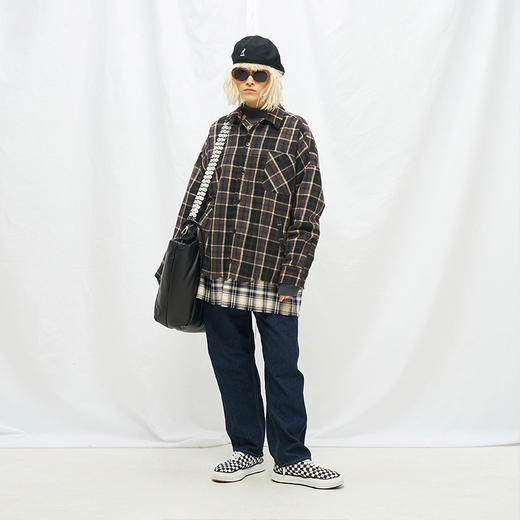 MODITEC 20秋冬 撞色拼接格纹仿羊毛衬衫外套 双色廓形外套 商品图3