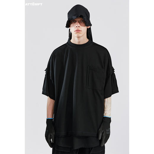 ATTEMPT SS21 毛边外置宽松口袋T恤男女国潮宽松休闲落肩半袖T恤 商品图2