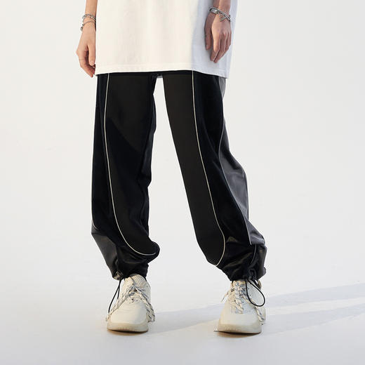 MODITEC 21春夏 丝绒拼接复古运动束脚裤 橡皮筋可调节脚口休闲裤 商品图3