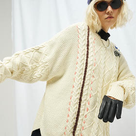 MODITEC 20秋冬 手工粗针提花侧边开叉宽松毛衣 手工编织双色毛衣