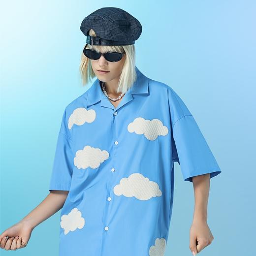 MODITEC云朵刺绣古巴短袖衬衫蓝天白云宽松OVERSIZE何洛洛同款 商品图0