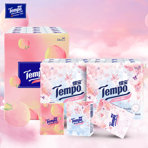 得宝（Tempo） 甜心桃味手帕纸4层36包+限定樱花印花手帕纸4层24包 共60包 商品图0