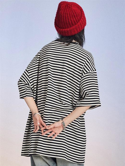 MODITEC 20SS 蝴蝶金属拉链拼接条纹短袖男女宽松OVERSIZE休闲T恤 商品图0