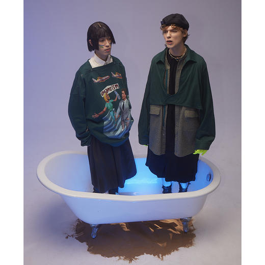 UMAMIISM 有茂密声 21SS 翻毛皮拼接千鸟格假两件夹克衬衫风衣 商品图3