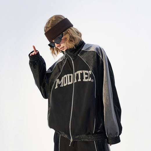MODITEC 21春夏 做旧印花复古运动夹克 3M反光装饰线丝绒拼接外套 商品图1