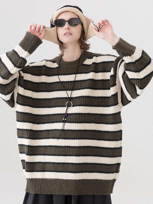 MODITEC 拼色条纹宽松毛衣 慵懒套头针织衫 商品图1