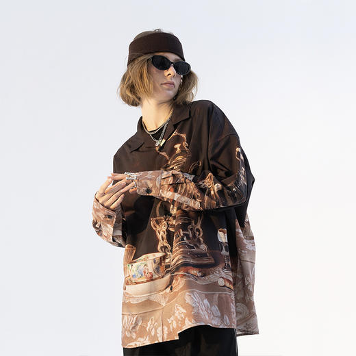 MODITEC 21SS 春季棕色油画全服趣味印花长袖古巴休闲宽松衬衫 商品图3