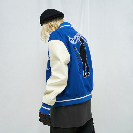 MODITEC 20秋冬 蓝白羊绒皮袖拼接夹棉棒球外套 乐队主题刺绣棉服 商品图2