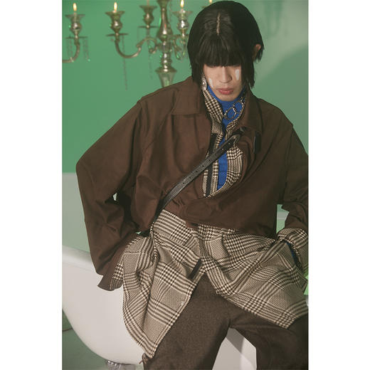 UMAMIISM 有茂密声 21SS 翻毛皮拼接千鸟格假两件夹克衬衫风衣 商品图4