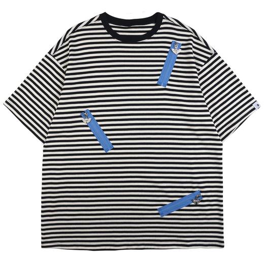 MODITEC 20SS 蝴蝶金属拉链拼接条纹短袖男女宽松OVERSIZE休闲T恤 商品图3