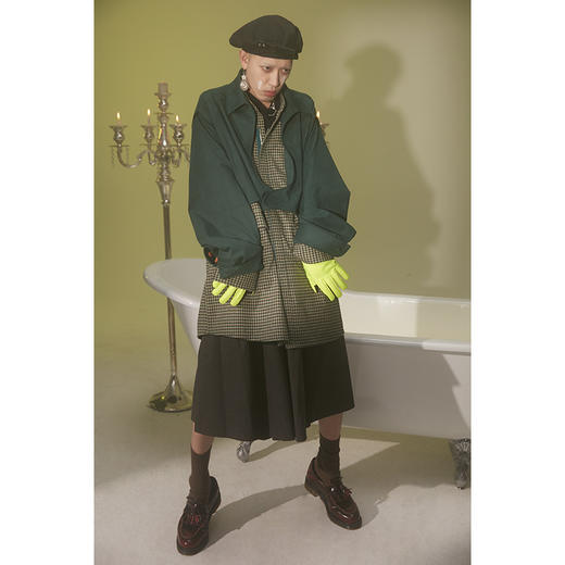 UMAMIISM 有茂密声 21SS 翻毛皮拼接千鸟格假两件夹克衬衫风衣 商品图0