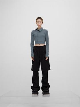 49PERCENT(49%)两色错位金属拉链长袖POLO衫