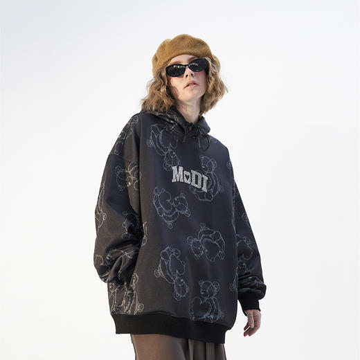 MODITEC 21春夏 爱心小熊满印宽松连帽卫衣 烫钻LOGO加绒毛圈外套 商品图1