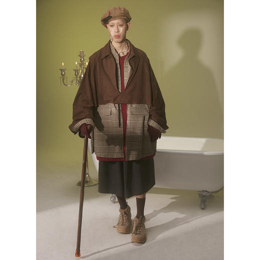 UMAMIISM 有茂密声 21SS 翻毛皮拼接千鸟格假两件夹克衬衫风衣 商品图1