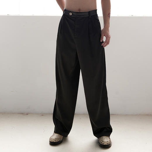 TERRAINCOGNITA宽松百搭拼皮腰头丝绸质感西裤休闲直筒垂感长裤男 商品图2