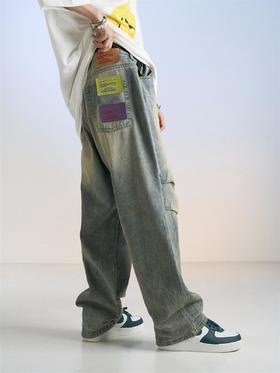 MODITEC 20SS 做旧酵洗打褶宽松牛仔裤 水洗宽松休闲裤