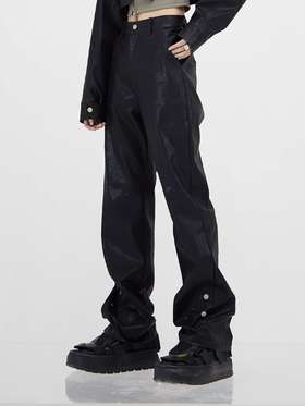 49PEECENT(49%)金属纽扣PU皮直筒长裤通勤