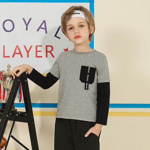 【100%棉假两件】mettekids童装圆领拼接长袖T恤男童春季新款打底 商品图2