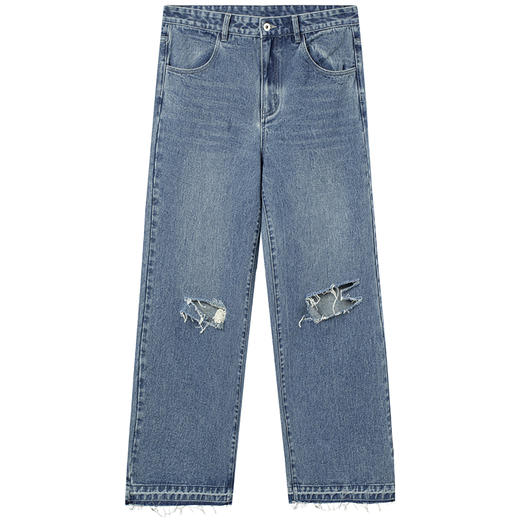 MODITEC 21SS 刀割破坏直筒水洗牛仔裤 宽松休闲直筒牛仔裤 商品图3