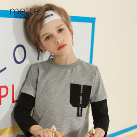 【100%棉假两件】mettekids童装圆领拼接长袖T恤男童春季新款打底